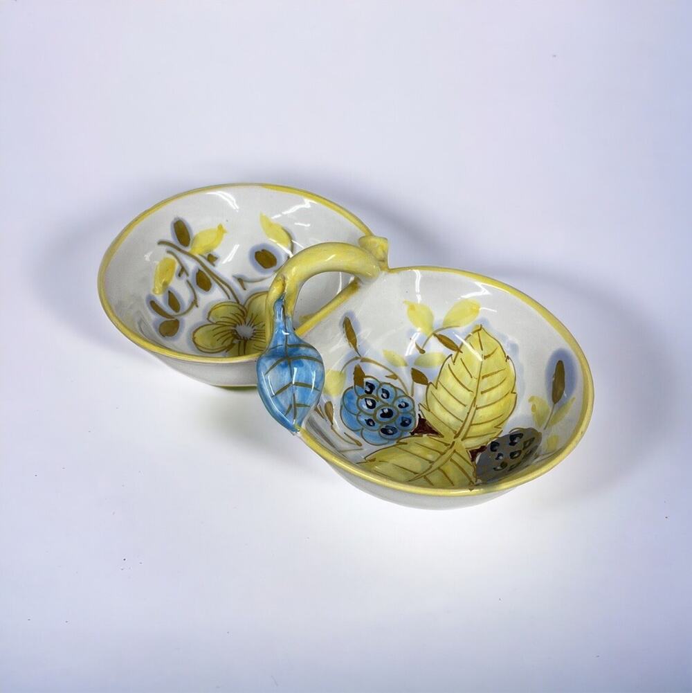 Round Divided Dish Italian Pottery Hand Painted Floral Leaves Italy Blue Yellow